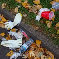 Trash along the side of the road with leaves and grass