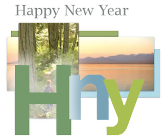 Happy New Year initials with forest and mountains